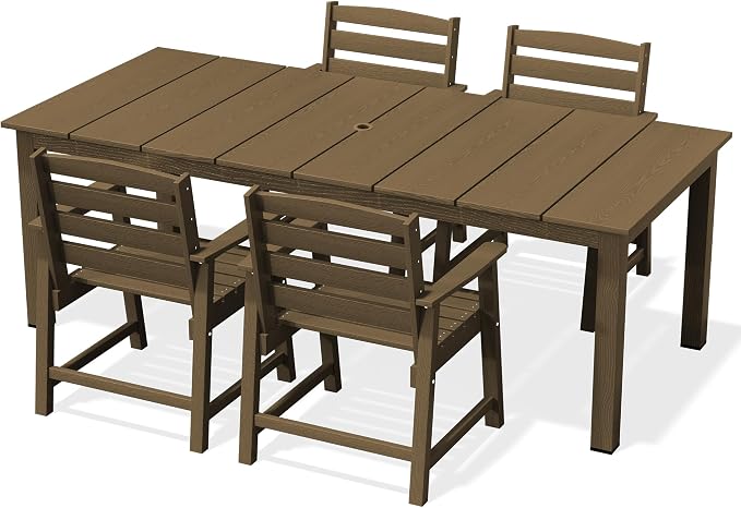 AreShark 5-Piece Outdoor Dining Set,HDPE Patio Table with 4 Armchairs,All-Weather Patio Furniture Set with Umbrella Hole,Low Maintenance Wood Grain Dining Set for Backyard,Garden,Poolside,Black