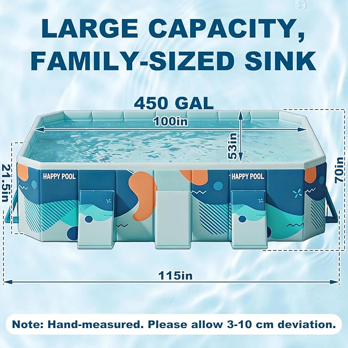 Large Foldable Family Swimming Pool for Kids & Dogs, 115" L x 65" W x 21.5" D Hard Plastic Square Pool with Reinforced Sidewalls and Easy Setup for Backyard