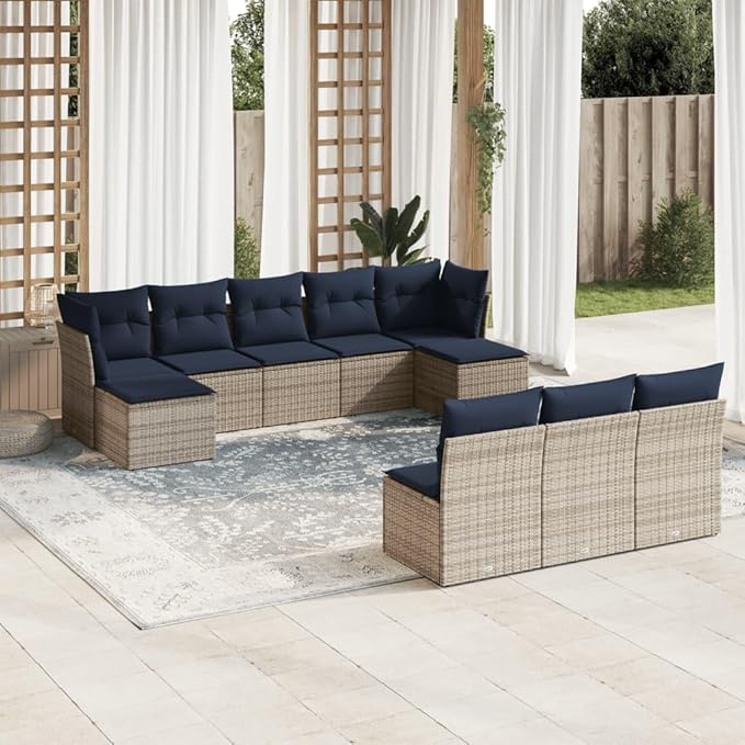 vidaXL Patio Sofa Set with Cushions 10 Piece, Outdoor Conversation Set, Patio Sectional Sofa for Balcony Garden, Modern Style, Gray Poly Rattan