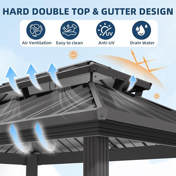 EROMMY 8' x 6' Hardtop Grill Gazebo with Galvanized Steel Double Roof, Outdoor Metal Patio BBQ Gazebo with 2 Side Shelves and Ceiling Hook for Deck Lawn Backyard Garden (Black)