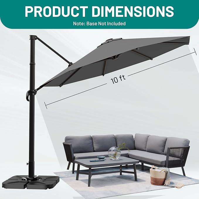 AreShark 10FT Cantilever Patio Umbrella, 360-Degree Rotation Round Hanging Offset Umbrella with Crank, Heavy Duty Patio Umbrella for Patio, Pool, Garden, Deck, Grey