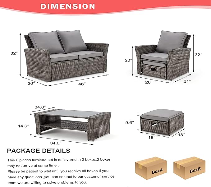 GYUTEI 6 Pieces Patio Furniture Set, Outdoor Sectional Conversation Rattan Sofa Set with Ottoman and Outdoor Storage Table for Garden, Porch, Backyard (Dark Gray)