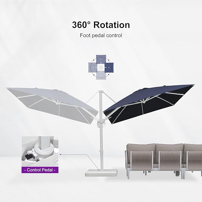 PURPLE LEAF 8' X 11.5' Right-left Tilt White Cantilever Umbrella with Base Patio Outdoor Swivel Umbrellas with Aluminum Tilt Offset Umbrella with 360° Rotation for Deck Pool, Navy Blue