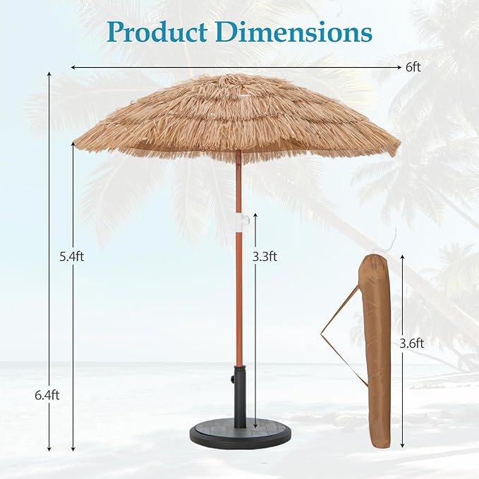 HAPPYGRILL 6 FT Tiki Thatched Umbrella, Hawaiian Tropical Palapa Style Patio Beach Umbrella w/Tilt, Portable Carrying Bag, PP Thatch Grass Pool Parasol for Garden Pool Yard Outdoor