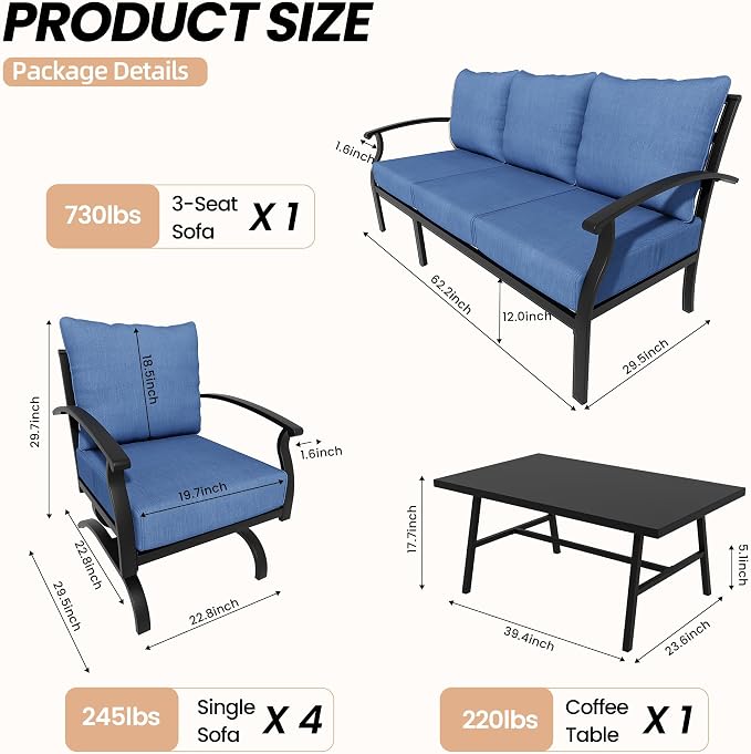 Metal Patio Furniture Set,6 Pieces 7 Seats Patio Sectional Outdoor Furniture Set with Rectangular Coffee Table,Patio Conversation Sets with 5.1" Thickened Cushions,Navy Blue
