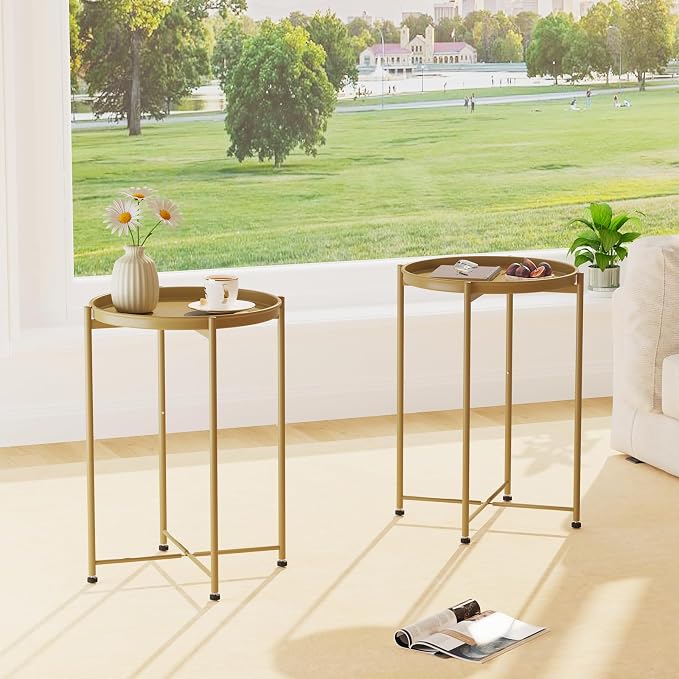 Garden 4 you Small Side Table, Gold Mini Round End Table, Tray Table with Metal Frame, Modern Nightstand for Living Room, Bedroom, Patio, Small Space, 2pcs