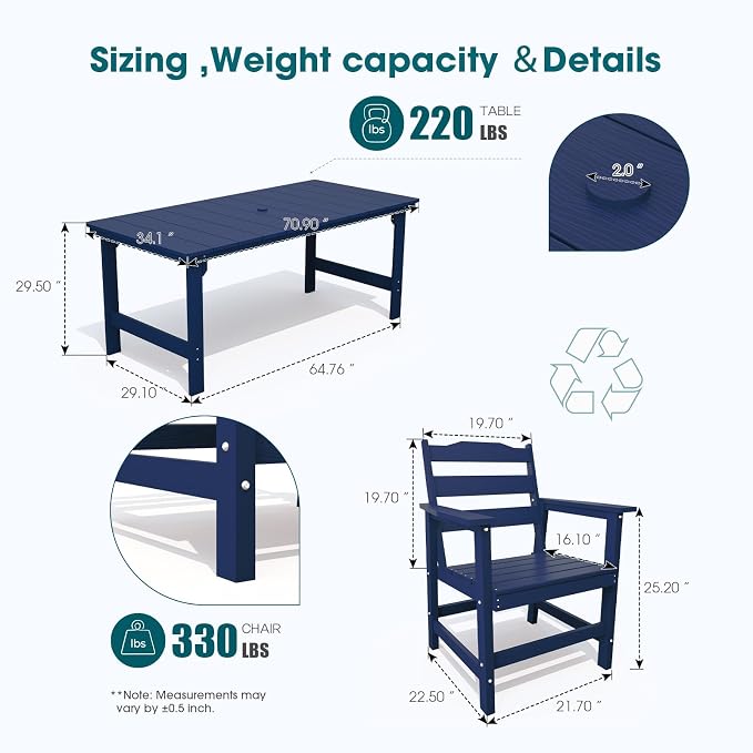 THOEOE 5 Piece Outdoor Dining Set, Patio Dining Table and 4 Chairs, All-Aluminum Frame, All-Weather HDPE Outdoor Furniture with Umbrella Hole for Garden, Lawn, Poolside, Navy Blue