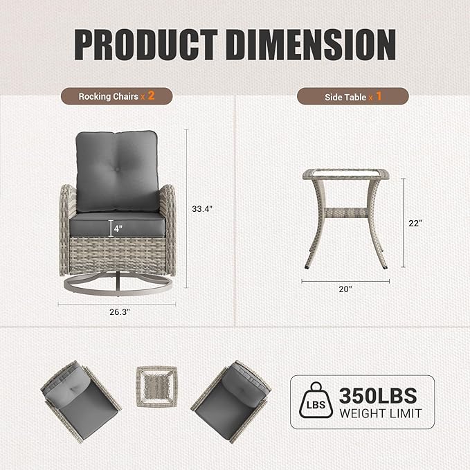 15-Piece Outdoor Patio Furniture Set with Rocking Swivel Chair, Wicker Rattan Sectional Sofa Conversation Set with Tempered Glass Table with Ottomans, Backyard Furniture, Grey