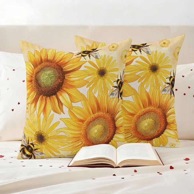 Outdoor Throw Pillow Covers,Farmhouse Sunflower Bee on Linen Waterproof Decorative Pillowcases Cushion Cover Retro Pastoral Yellow Flower Pillow Cases for Patio Couch Sofa Bed,18x18in Set of 2