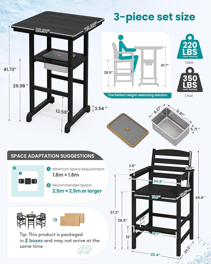 SERWALL Balcony Adirondack Chairs and Table 3 Pieces Set, HDPE Bar Height Chairs Set of 2 and Bar Table with Ice Bucket, Outdoor Bar Stools Set for Bistro, Poolside, Backyard, Black