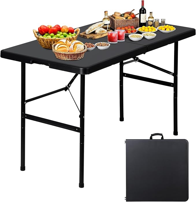 ZenStyle 4ft Heavy Duty Folding Table - Plastic Top & Steel Legs, Indoor Outdoor Utility Table w/Carry Handle for Camping, Parties, BBQs (Black)