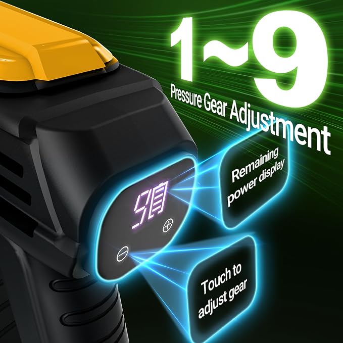 Cordless Washer, 9 Gear Brushless Washer for Car Washing, Patio, Fence, Driveway, Outdoor Cleaning， with 1 Battery, 6 in 1 Nozzle, 6 Meter Hose, Tap Adapter