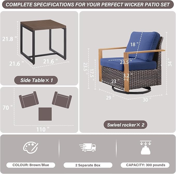 Belord Outdoor Swivel Rocker Chairs Set of 2 with Metal Wide Armrests, 3 Piece Patio Bistro Wicker Chairs with Side Table, Comfort Glider Furniture for Porch, Deck, Sunroom, Backyard