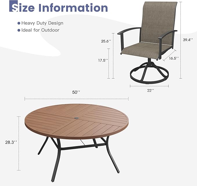 VICLLAX Outdoor Table and Chairs Set for 6, Patio Dining Set of 50 Metal Round Patio Table with Umbrella Hole & 6 Swivel Outdoor Dining Chairs for Backyard Lawn, Mixed Brown & Walnut