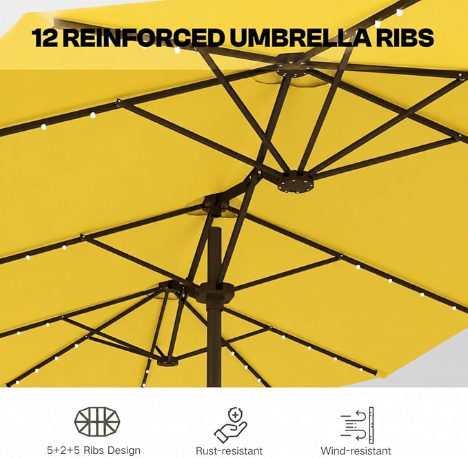 15ft Large Patio Umbrella with Solar Lights and Base, Double-Sided Outdoor Rectangle Umbrella with 48 LED Lights, Market Table Umbrellas with UV Resistant Canopy