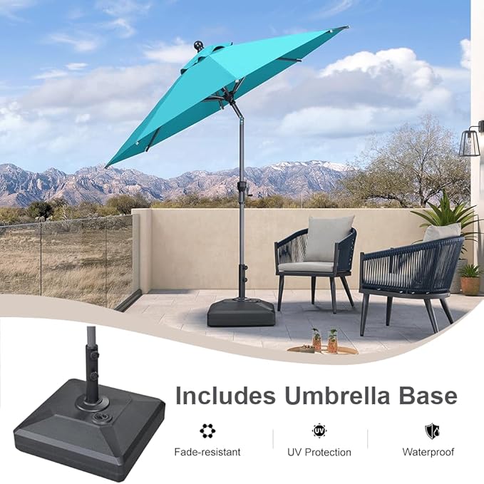 PURPLE LEAF 8' Round Patio Market Umbrella with Base Outdoor Table Umbrellas Aluminum Frame Sun Shade with 8 Sturdy Ribs Tilt for Garden Deck Lawn Pool Turquoise Blue