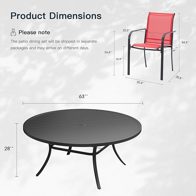 VICLLAX 11 Pieces Patio Outdoor Dining Set, 63" Round Metal Table with Umbrella Hole and 10 Stackable Textilene Chairs for Patio, Lawn, Garden, Porch, Black/Red
