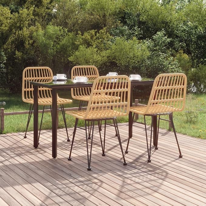 5 Piece Patio Dining Set Poly Rattan Outdoor Rattan Dining Table and Chairs for 4, Weather Resistant PE Wicker Patio Furniture Set with Tempered Glass Tabletop and Comfortable Porch Deck Black
