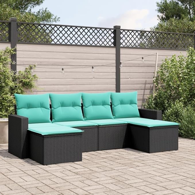 6 Piece Patio Sofa Set with Cushions, Sectional Sofa Front Porch Furniture Garden Lounge Set Patio Conversation Set for Piazza Poolside Negotiation Area Garden Black Poly Rattan