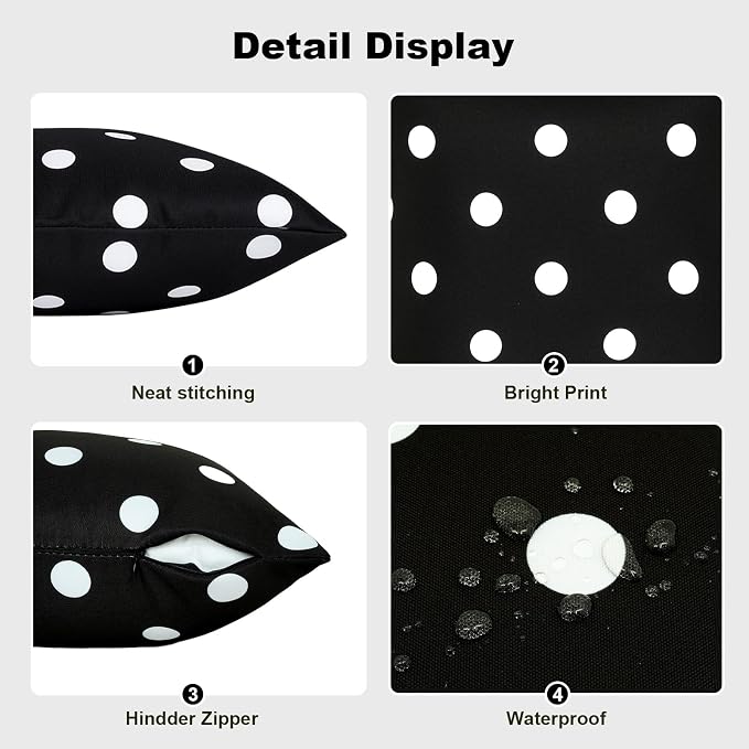 SquarePie Pack of 2 Outdoor Pillow Covers, Waterproof Decorative Throw Pillowcase Shell, Garden Cushion Shams Cases for Spring Patio Couch Balcony Bench,18x18 inch Black Polka Dot