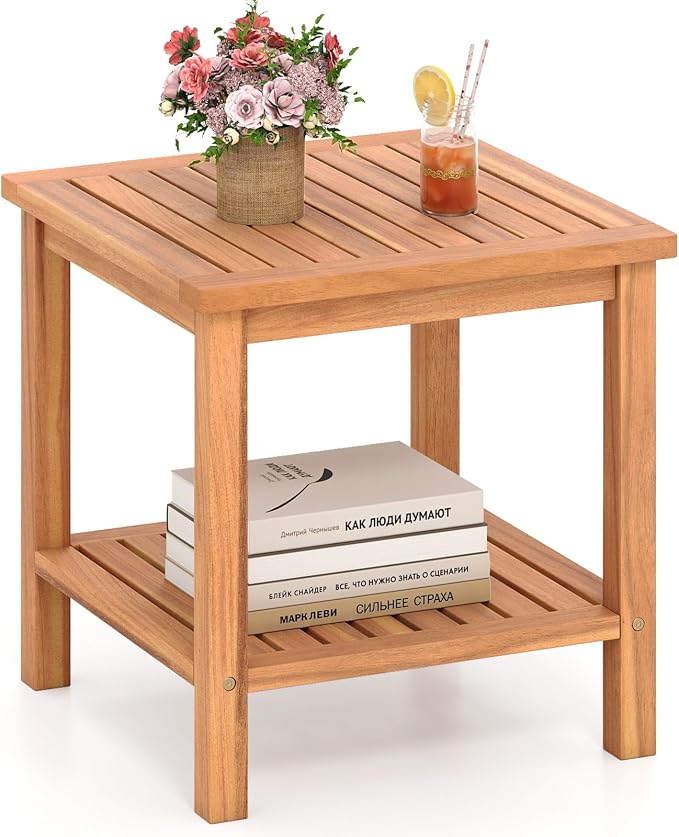 Tangkula Outdoor Side Table, 2-Tier Acacia Wood Square End Table with Slatted Tabletop & Storage Shelf, Indoor Outdoor Wooden Accent Bistro Patio Table for Backyard, Poolside, Garden, Natural (1)