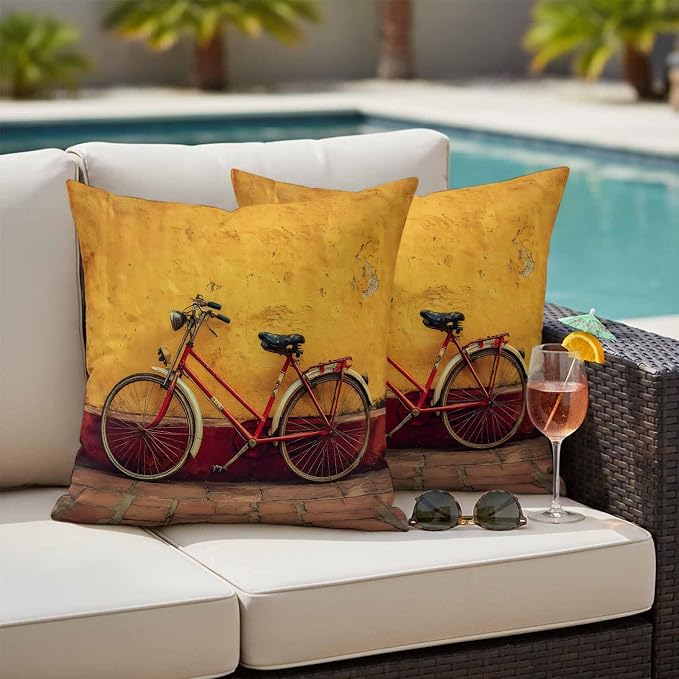 Bicycles Outdoor Pillow Covers 26x26 Inch Throw Pillow Covers Set of 2 Waterproof Decorative Pillow Cases Farmhouse Vintage Vehicle Yellow Broken Walls Cushion Covers for Patio Furniture Garden Couch