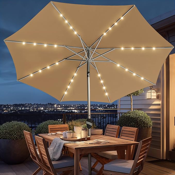 BLUU 9 Ft Patio Umbrella with Solar LED Lights, 5-Year Fade-Resistant Aluminum Outdoor Table Umbrella with Tilt Adjustment and Crank for Pool, Deck, Garden and Lawn, Beige