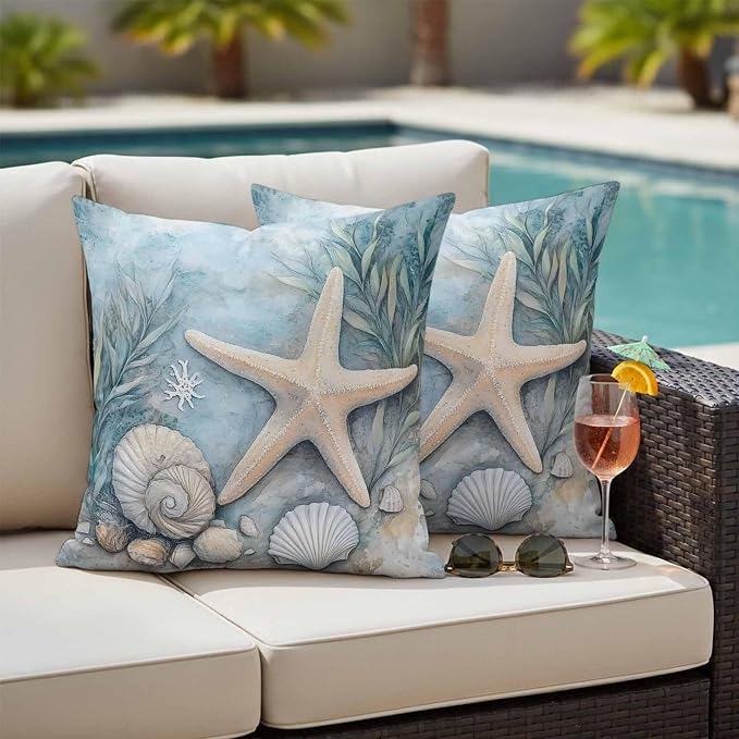 Ocean Coral Outdoor Waterproof Throw Pillow Covers Set of 2, 26"x26", Shell Starfish Plant Leaf Coastal Rustic Decorative Pillow Covers Outside Cushion Case for Patio Porch Garden