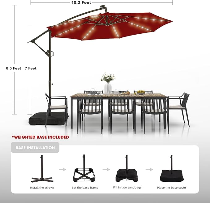 wikiwiki 10FT Solar Patio Offset Umbrella Outdoor Cantilever Umbrella Hanging Umbrellas with Weighted Base, Market Patio Umbrella for Backyard, Garden & Deck, Burgundy