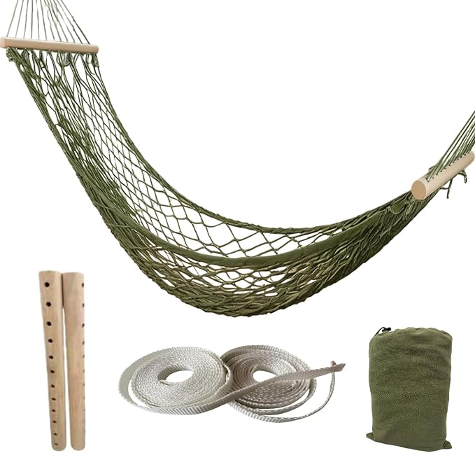 Portable Camping Hammock 79"x32" Anti-Rollover Mesh Hammock with Wooden Spreader Bar, Lightweight Hanging Hammock for Backyard Patio Travel Indoor Outdoor, White/Brown/Army Green