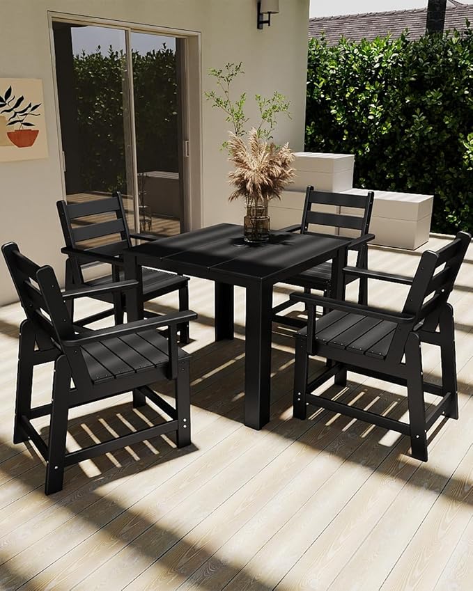 GREENVINES 5-Piece-Outdoor-Dining-Set | HDPE | Square | Patio Furniture | Table and Chairs Sets for 4 | All Weather | Removable Armrests | Umbrella Hole | for Backyard Poolside Garden | Black