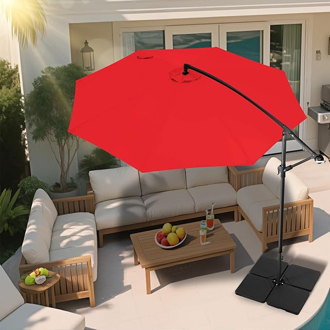 Offset Patio Umbrella Cantilever - 10 FT Cantilever Umbrella Outdoor with Crank and Cross Base, UV Protection Large Patio Umbrella for Garden, Deck, Backyard, Pool, Porch (Red)