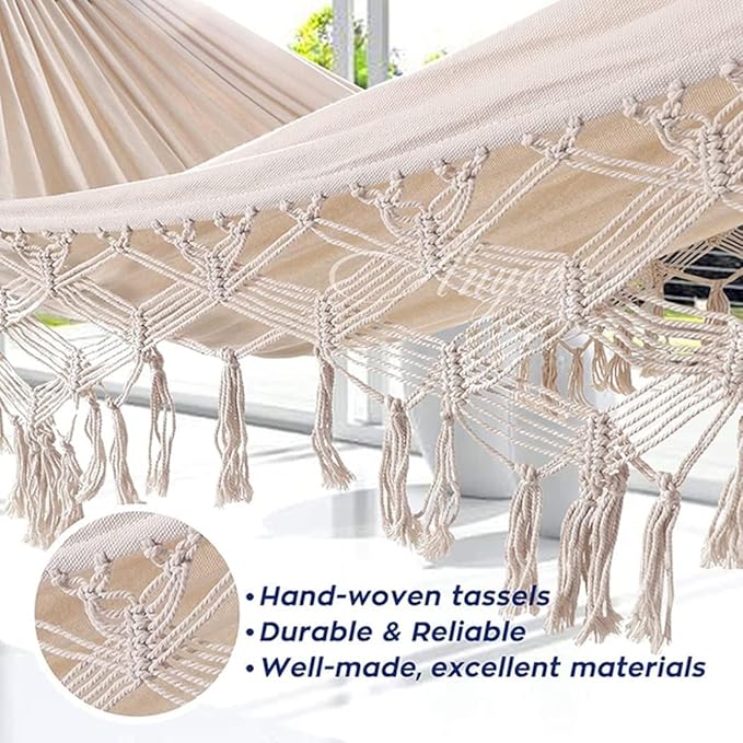 Canvas Fabric Hammock Double Portable Camping Hammock Large Cotton Tassel Hammock Bed for 2 Persons Patio Backyard Porch Lawn Garden Indoor Outdoor