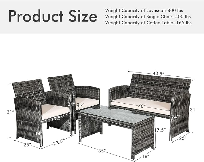 Outdoor Conversation Set, 8 Pieces Wicker Patio Furniture Set with Ergonomic Curved Design, Patio Chair Set with Water-Resistant Cushion & Tempered Glass Table for Backyard, Porch(Beige)
