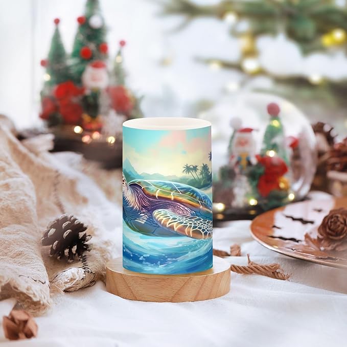 Graffiti Sea Turtle Pattern Flameless Candles Color Changing LED Candles with Remote Control Battery Candles for Outdoor and Indoor Home and Room Decoration, 3'' x 4''/5'' Set of 2 Pieces