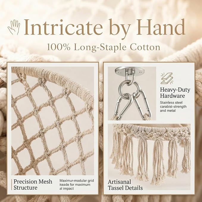 Light Beige Macrame Hammock, Stand-Free Hammock Without Stand, Cotton Porch Swing for Balcony Bedroom Homestay Garden Daily Relax Furniture