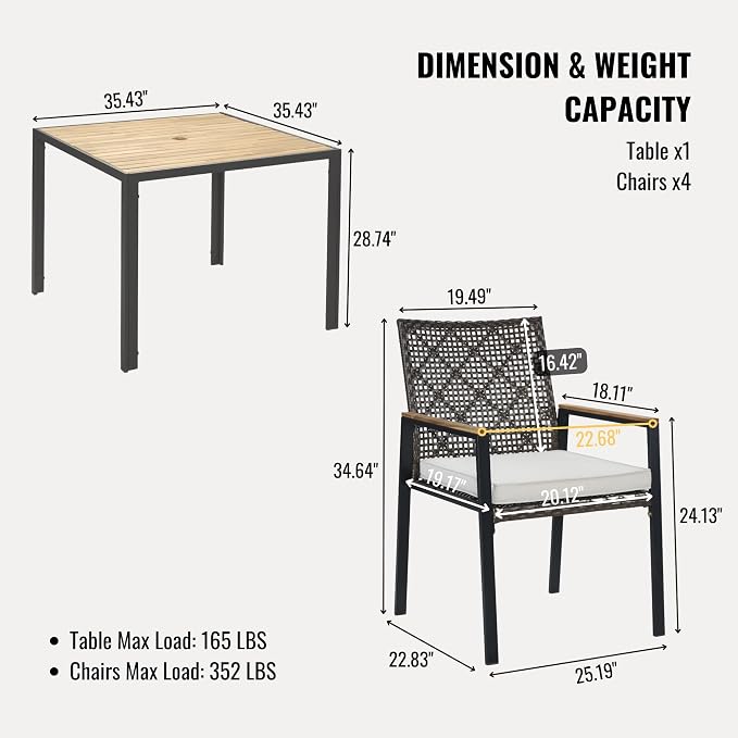 5-Piece Outdoor Patio Furniture Dining Set, All-Weather Rattan Conversation Set with Umbrella Hole, Weather Resistant Table and Chairs for Garden/Backyard Deck (Dark Brown)