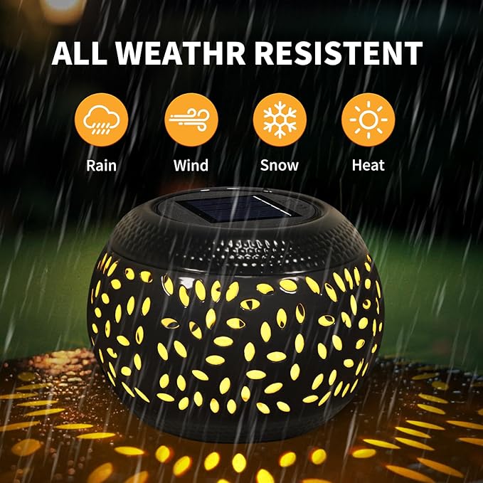 Solar Table Light Waterproof Outdoor & Indoor Lantern - Black Metal Retro Hollowed-Out Flickering Flame Tabletop Lights for Desk/Bedroom/Patio/Garden, Solar Powered Lamp Pathway Yard Garden Decor