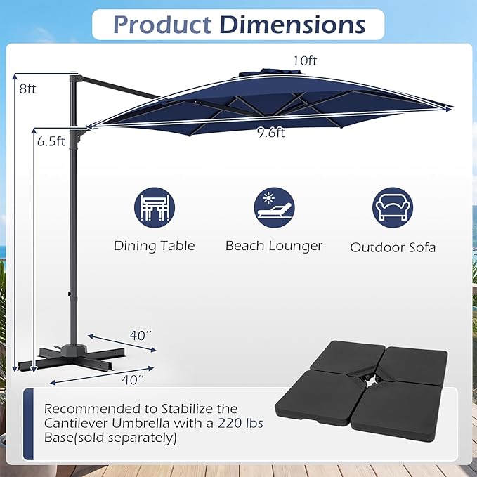 Tangkula 10FT Patio Umbrella, Offset Cantilever Outdoor Umbrella with 360 Degree Rotation, Air Vent, Cross Base for Pool Deck Garden Backyard (Navy)