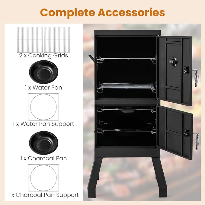Giantex Outdoor Smoker with Double Doors, 2 Detachable Grill Netting Smoking Racks, Charcoal Pan & Water Pan, 4 Air Vents, Thermometer, Vertical Charcoal Smoker for Barbecue Camping Backyard Grill