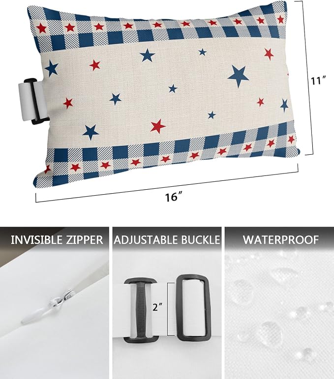 Outdoor Pillows Covers with Inserts 4th of July USA Flag Star Patriot Cotton Linen Waterproof Pillow with Adjustable Strap Throw Pillows for Patio Furniture Recliner Lounge Chair, 11x16 inch, 1PCS