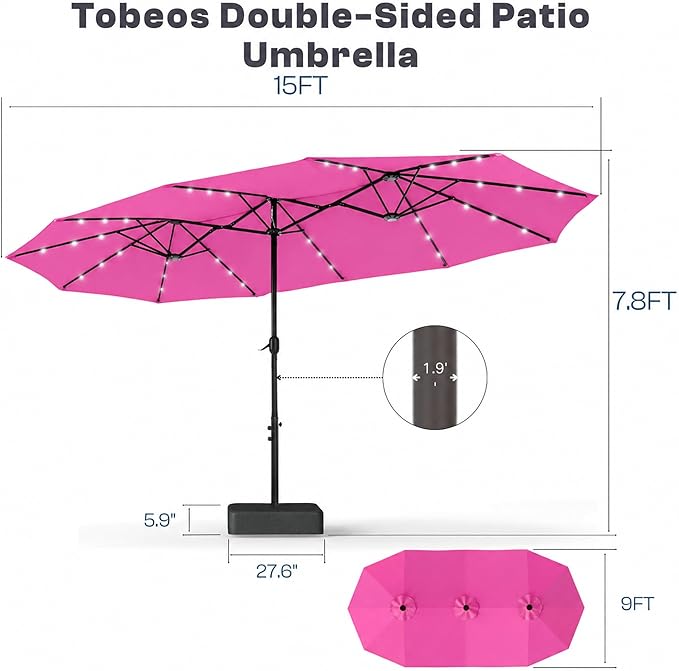 15ft Large Patio Umbrella with Solar Lights and Base, Double-Sided Outdoor Rectangle Umbrella with 48 LED Lights, Market Table Umbrellas with UV Resistant Canopy