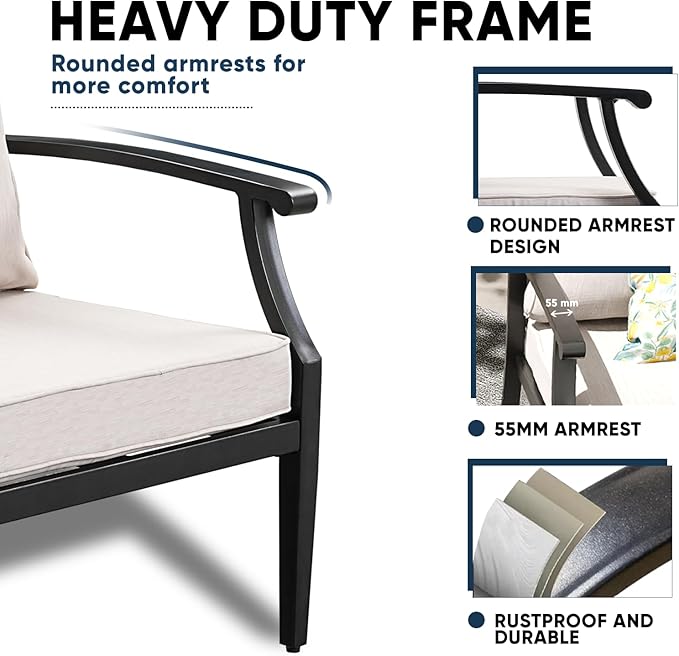 4 Piece Outdoor Patio Furniture Set, Oversized Metal Conversation Set with High Back & Deep Seating, Water-Repellent Cushions, Coffee Table for Porch, Deck, Backyard, Beige