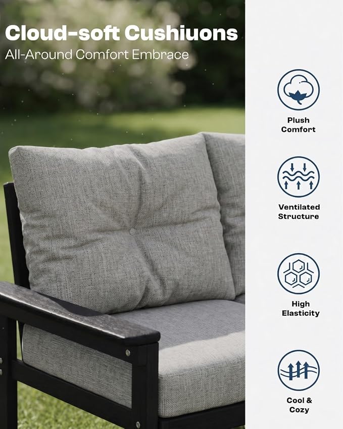 HDPE Outdoor Patio Furniture Set, 7-Piece Patio Conversation Sets with Coffee Table & Side Table & Grey Washable Thick Cushions, Outdoor Sofa for Balcony, Porch(Black Frame)
