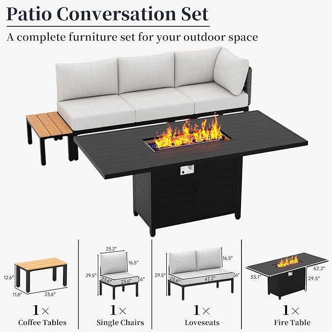 PIZZELLO 5 Piece Patio Furniture Set with 62" Fire Pit Table Outdoor Sectional Sofa Set with Coffee Table, Patio Conversation Set, Beige (6" Thickened Cushions Included)