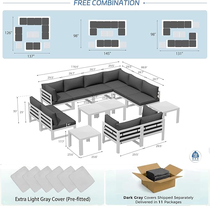 NICESOUL 10 Person Modern Aluminum Outdoor Patio Furniture Set with Side Table, 29" Wide Deep Seating, L Shaped Modular Sectional Couch, Oversized Conversation Set for Garden, Dark Gray