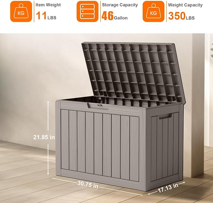 46 Gallon Waterproof Resin Outdoor Storage Box, Multifunctional Patio Deck Box, Weatherproof Outdoor Bin for Garden, Pool, Backyard & Porch Furniture Tools (Grey, 46 Gallon)