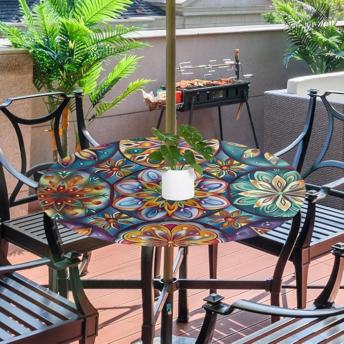 OSAM SPACE Outdoor Tablecloth with Umbrella Hole, Round Elastic Fitted Table Cloth with Invisible Zipper,Dark Colorful Mandala Flower Picnic Patio Table Cover 45-56in