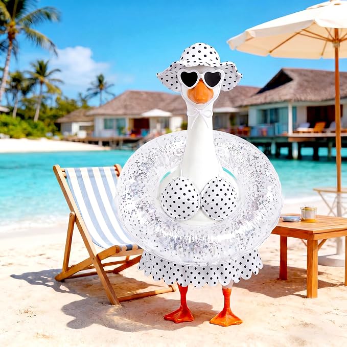 hoyuwak Bikini Goose Outfits Summer Hawaiian Porch Goose Outfits with Swimming Ring Sunglasses Hat for 23" Geese Yard Decor