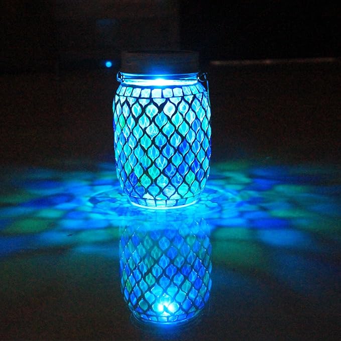 Solar Mosaic Lights - 12 Color Changing LED, 4 Lighting Modes with Remote Control, Handcrafted Glass Decor Lanterns, Hanging or Tabletop Decor for Garden (Bule)